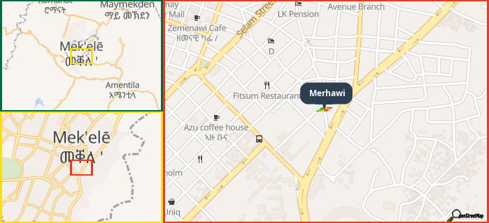 Map showing the address of Merhawi in three different zoom levels.