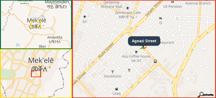 Map showing the address of Ageazi Street in three different zoom levels.