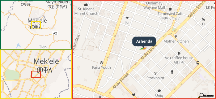 Map showing the address of Ashenda in three different zoom levels.