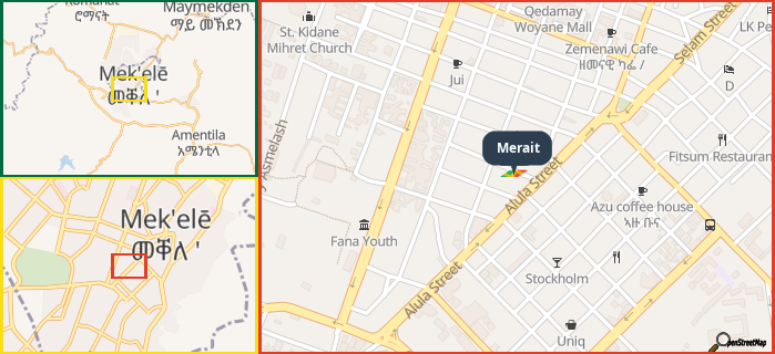 Map showing the address of Merait in three different zoom levels.