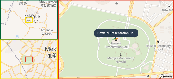 Map showing the address of Hawelti Presentation Hall in three different zoom levels.