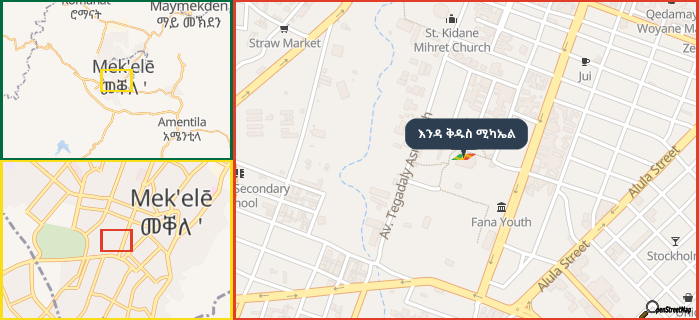 Map showing the address of እንዳ ቅዱስ ሚካኤል in three different zoom levels.