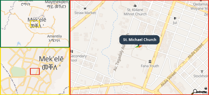 Map showing the address of St. Michael Church in three different zoom levels.