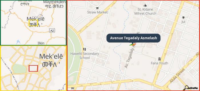 Map showing the address of Avenue Tegadaly Asmelash in three different zoom levels.