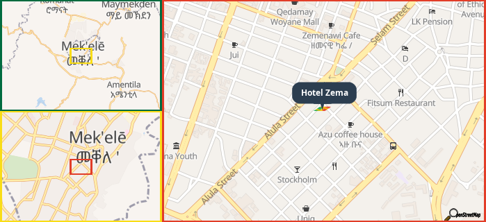 Map showing the address of Hotel Zema in three different zoom levels.