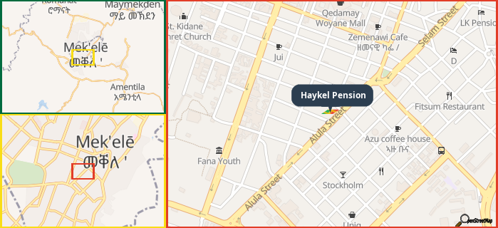 Map showing the address of Haykel Pension in three different zoom levels.