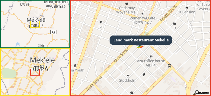 Map showing the address of Land mark Restaurant Mekelle in three different zoom levels.