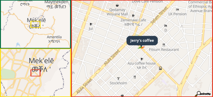 Map showing the address of Jerry's coffee in three different zoom levels.