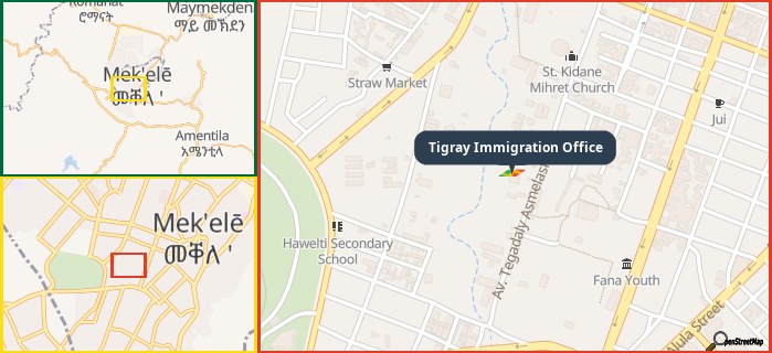 Map showing the address of Tigray Immigration Office in three different zoom levels.