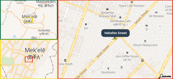 Map showing the address of Hahefen Street in three different zoom levels.