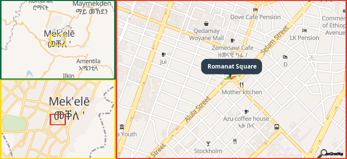 Map showing the address of Romanat Square in three different zoom levels.