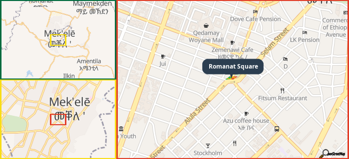 Map showing the address of Romanat Square in three different zoom levels.
