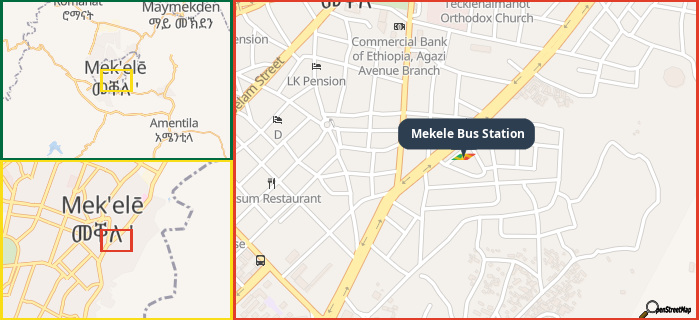 Map showing the address of Mekele Bus Station in three different zoom levels.