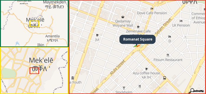 Map showing the address of Romanat Square in three different zoom levels.