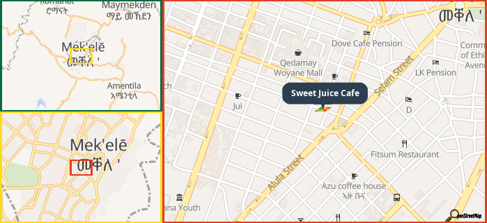 Map showing the address of Sweet Juice Cafe in three different zoom levels.