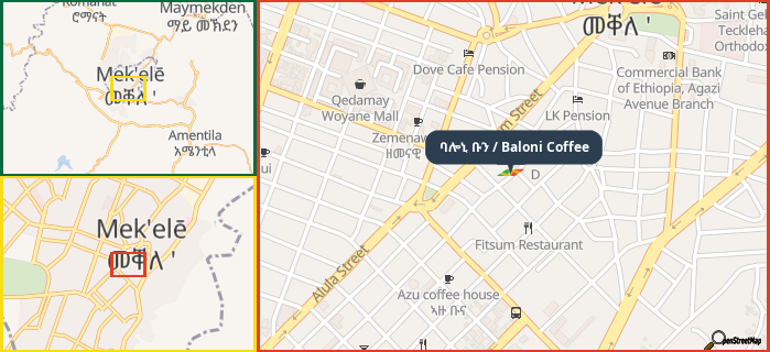 Map showing the address of ባሎኒ ቡን / Baloni Coffee in three different zoom levels.