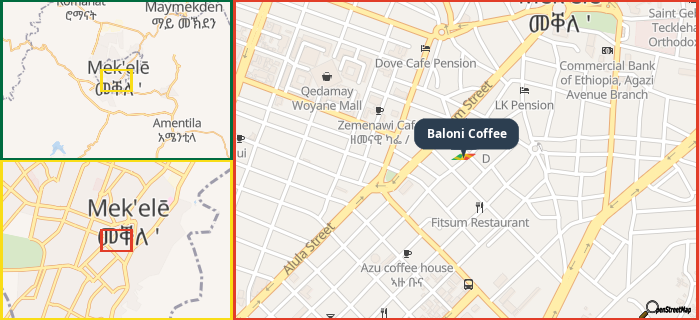 Map showing the address of Baloni Coffee in three different zoom levels.