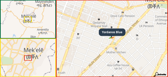 Map showing the address of Yordanos Blue in three different zoom levels.