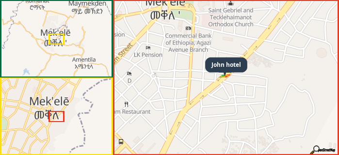 Map showing the address of John hotel in three different zoom levels.