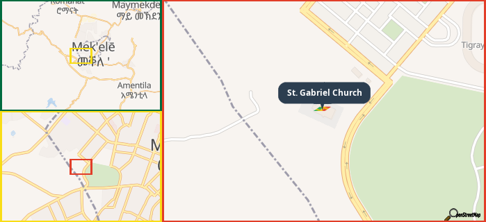 Map showing the address of St. Gabriel Church in three different zoom levels.