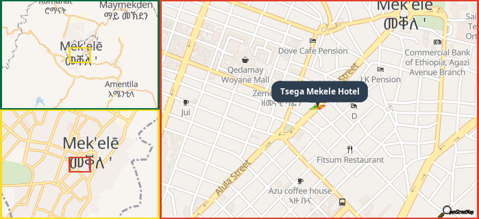 Map showing the address of Tsega Mekele Hotel in three different zoom levels.
