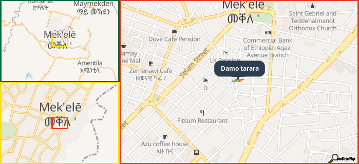 Map showing the address of Damo tarara in three different zoom levels.