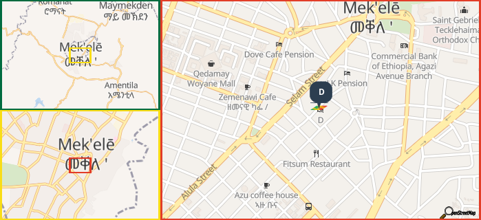 Map showing the address of D in three different zoom levels.