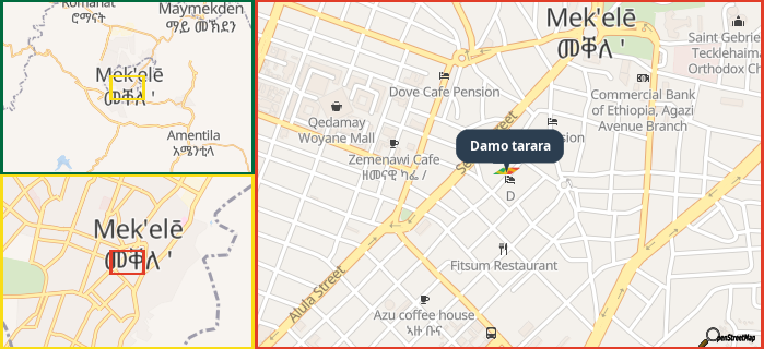 Map showing the address of Damo tarara in three different zoom levels.