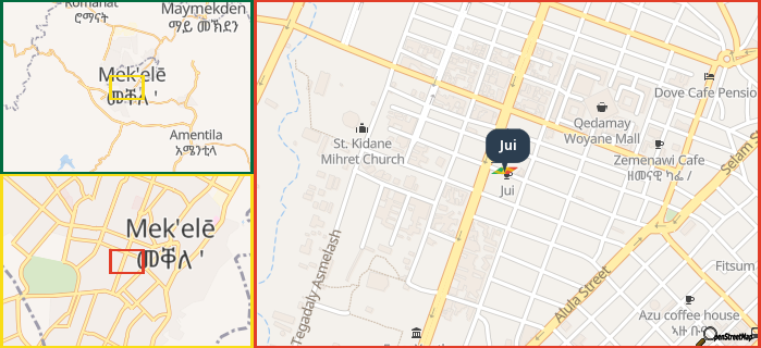Map showing the address of Jui in three different zoom levels.