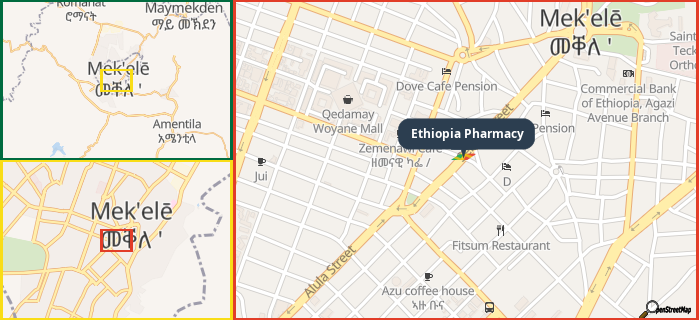 Map showing the address of Ethiopia Pharmacy in three different zoom levels.