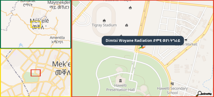 Map showing the address of Dimtsi Woyane Radiation ድምፂ ወያነ ትግራይ in three different zoom levels.