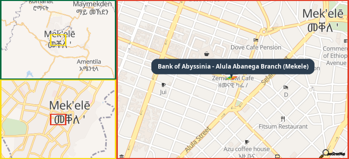 Map showing the address of Bank of Abyssinia - Alula Abanega Branch (Mekele) in three different zoom levels.