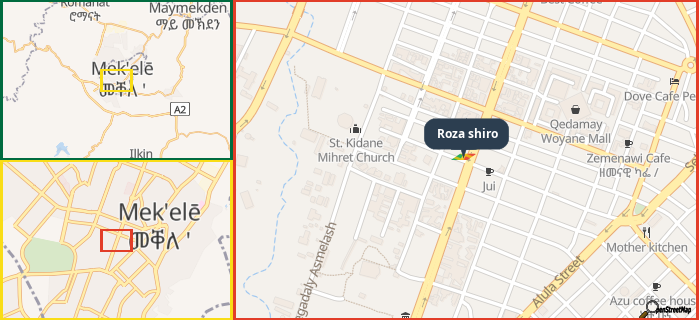 Map showing the address of Roza shiro in three different zoom levels.