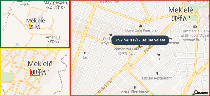 Map showing the address of ደሊና ሰላጣ ቤት / Delina Selata in three different zoom levels.