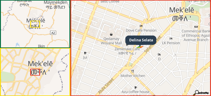 Map showing the address of Delina Selata in three different zoom levels.