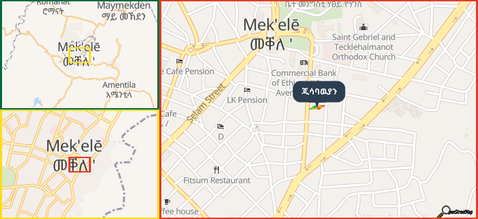 Map showing the address of ጂሳባዉያን in three different zoom levels.