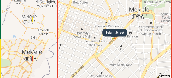 Map showing the address of Selam Street in three different zoom levels.