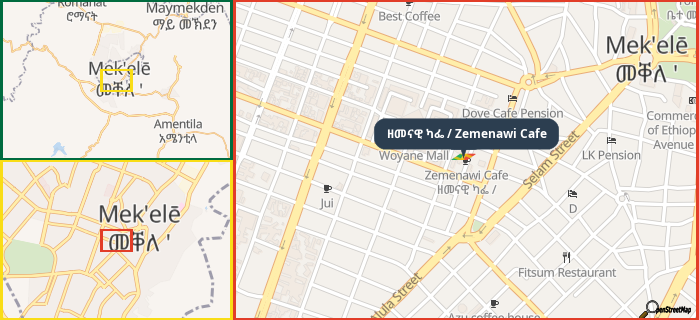 Map showing the address of ዘመናዊ ካፌ / Zemenawi Cafe in three different zoom levels.