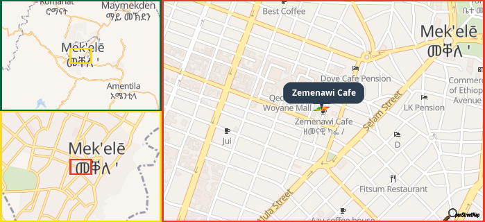 Map showing the address of Zemenawi Cafe in three different zoom levels.