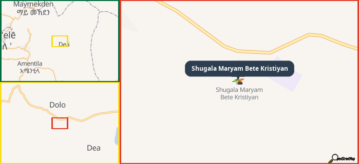 Map showing the address of Shugala Maryam Bete Kristiyan in three different zoom levels.