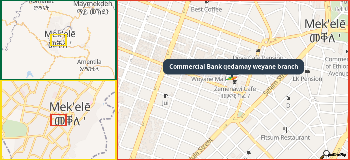 Map showing the address of Commercial Bank qedamay weyane branch in three different zoom levels.