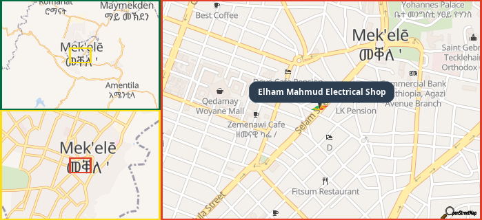 Map showing the address of Elham Mahmud Electrical Shop in three different zoom levels.