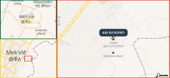 Map showing the address of ልደታ ቤተ ክርስትያን in three different zoom levels.