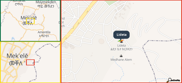 Map showing the address of Lideta in three different zoom levels.