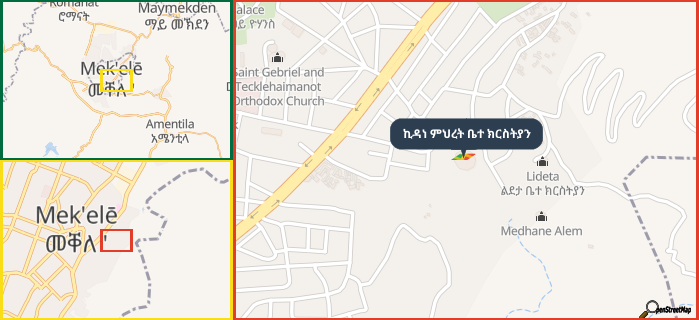 Map showing the address of ኪዳነ ምህረት ቤተ ክርስትያን in three different zoom levels.