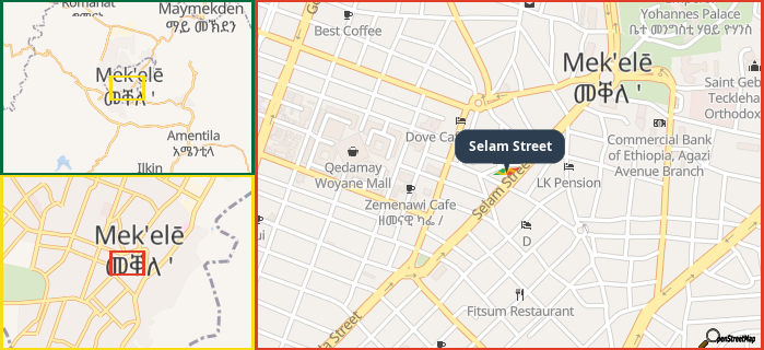 Map showing the address of Selam Street in three different zoom levels.