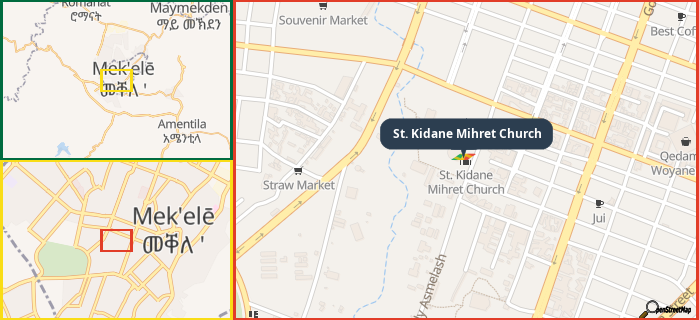 Map showing the address of St. Kidane Mihret Church in three different zoom levels.
