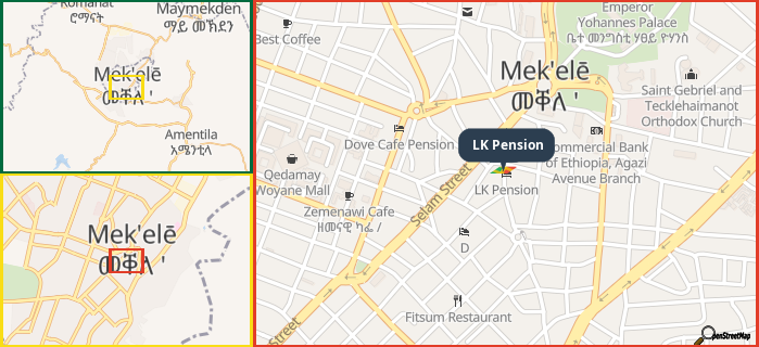 Map showing the address of LK Pension in three different zoom levels.