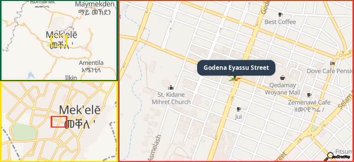 Map showing the address of Godena Eyassu Street in three different zoom levels.