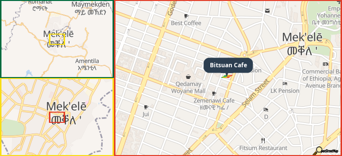 Map showing the address of Bitsuan Cafe in three different zoom levels.